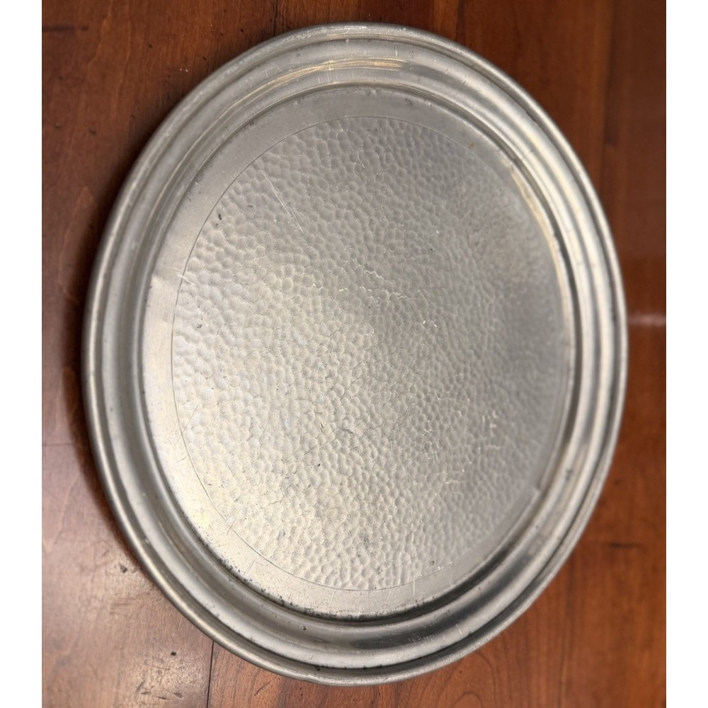 Vintage Mid-Century English Hammered Pewter Round Serving Tray Platter 6032